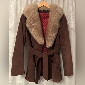 Vintage 1970s Suede Penny Lane Coat with Fur Trim